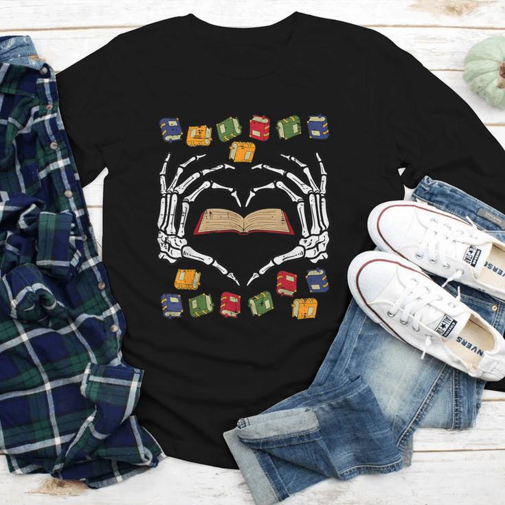 Skeleton Heart Read Reading Book Librarian Halloween Women Youth Long Sleeve Tee