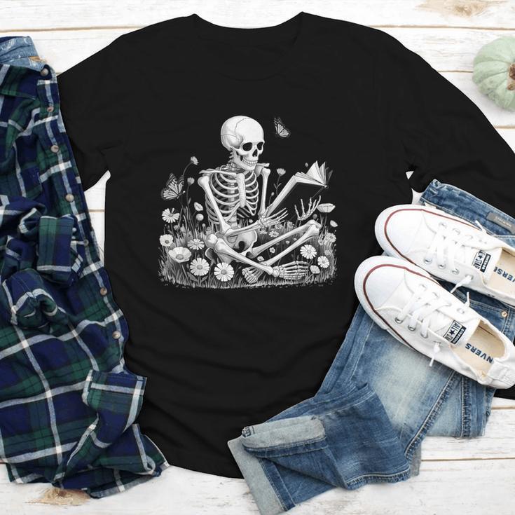 Skeleton Reading Book Floral Dark For Book Lovers Youth Long Sleeve Tee
