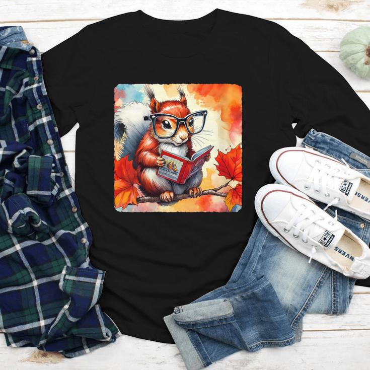Squirrel Reading Comic Book On Autumn Branch Glasses Leaves Youth Long Sleeve Tee