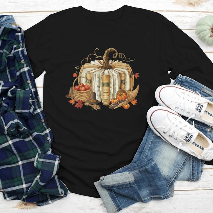 Teacher Book Pumpkin Fall Reading Thanksgiving Autumn Youth Long Sleeve Tee