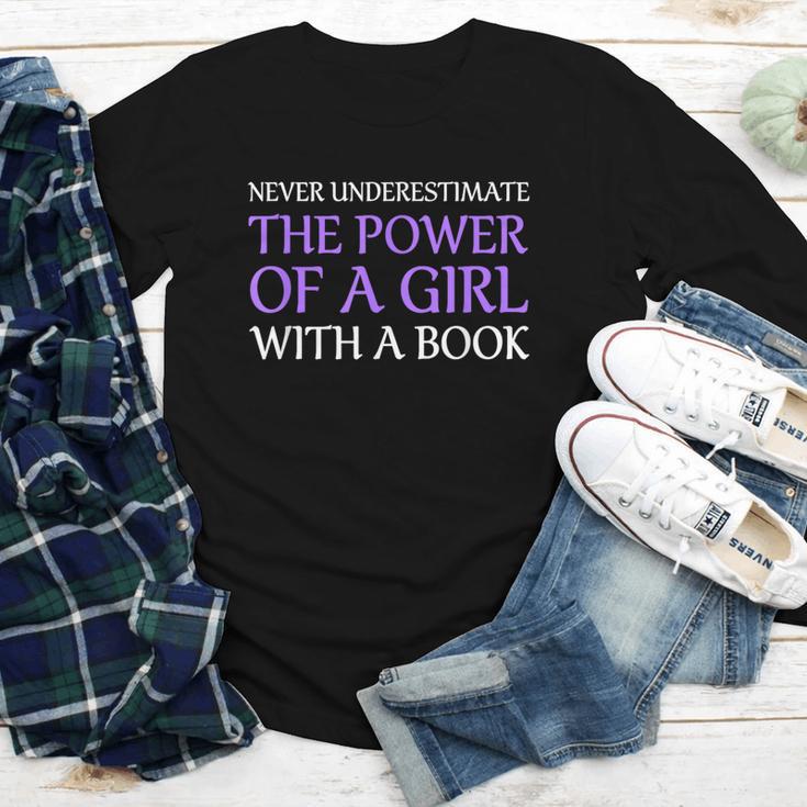 Never Underestimate Girl With A Book Women Inspiration Quote Youth Long Sleeve Tee