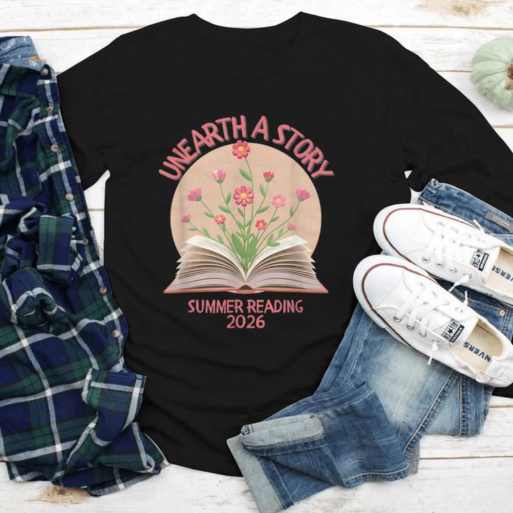 Unearth a Story 2026 Summer Reading Program Flowers Book Youth Long Sleeve Tee