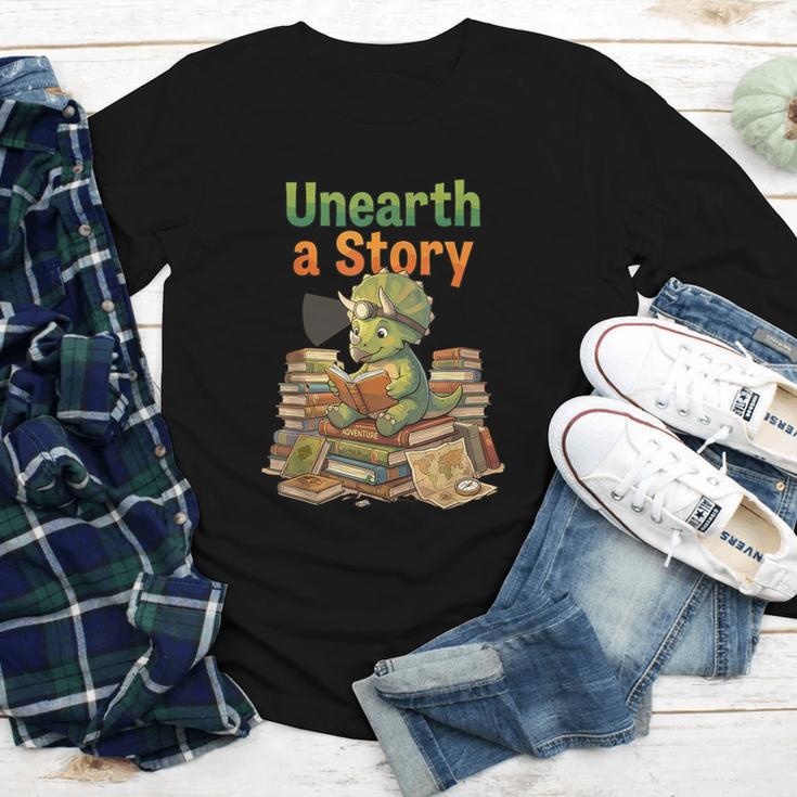 Unearth a Story Triceratops Dinosaur Reading Books Cute Dino Youth Long Sleeve Tee Unearth a Story Triceratops Dinosaur Reading Books Cute Dino Youth Long Sleeve Tee