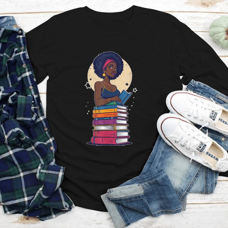 Woman And Books Stack Afro Girl Reading Lover Youth Long Sleeve Tee Woman And Books Stack Afro Girl Reading Lover Youth Long Sleeve Tee