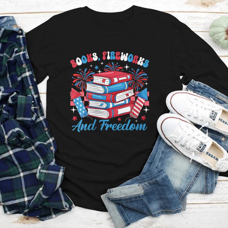 Women's Books Fireworks And Freedom Independence Day Book Lover Youth Long Sleeve Tee