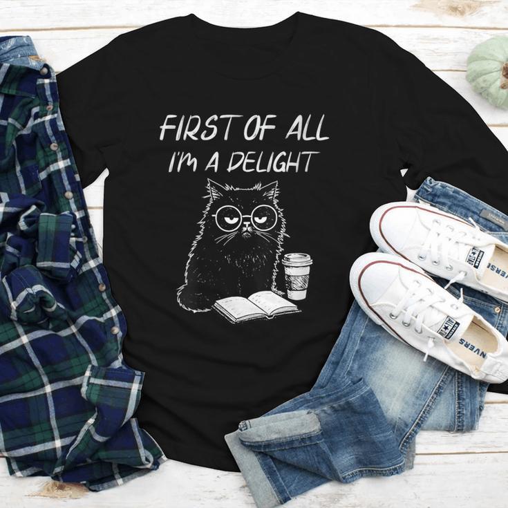 Women's First Of All I’m A Delight Cute Cat Books Coffee Humor Youth Long Sleeve Tee