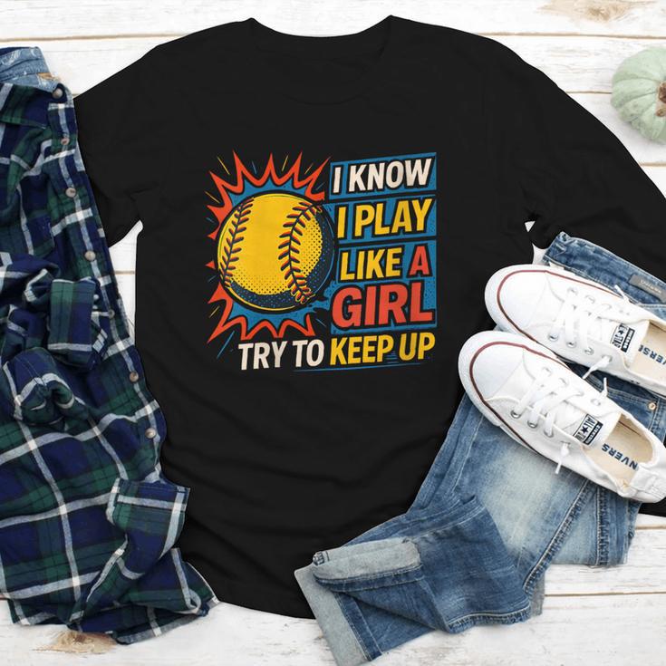 Women's Girls Softball Play Like A Girl Comic Book Pop Art Youth Long Sleeve Tee