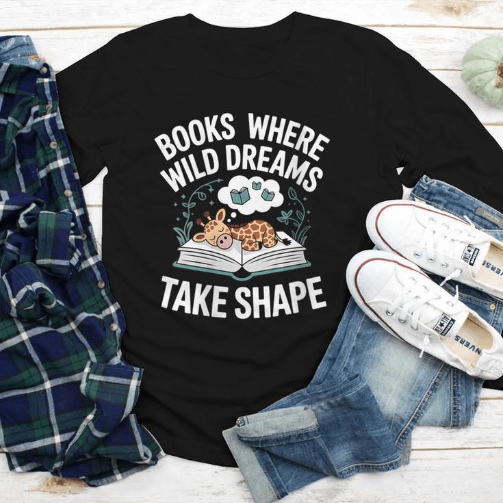 Women's Wild Dreams Reading Giraffe Book Reader Zoo Animals Kids Youth Long Sleeve Tee