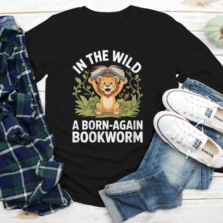 Women's Wild About Reading Book Reader Lion Zoo Animals Kids Youth Long Sleeve Tee