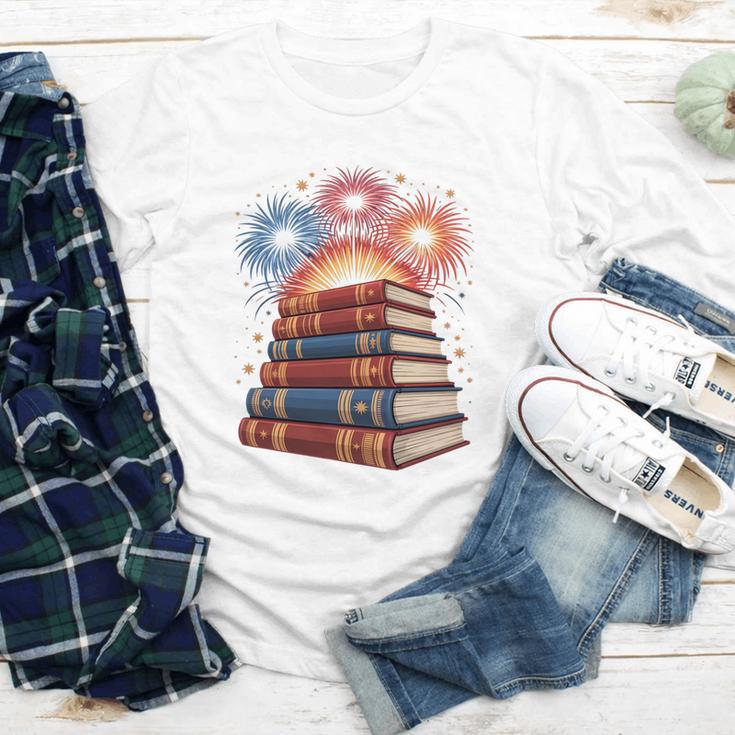 Books Fireworks 4th Of July Bookworm Patriotic Reader Youth Long Sleeve Tee