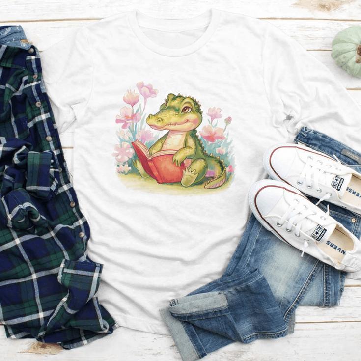 Crocodile Reading Book Watercolor Flowers Kids Youth Long Sleeve Tee