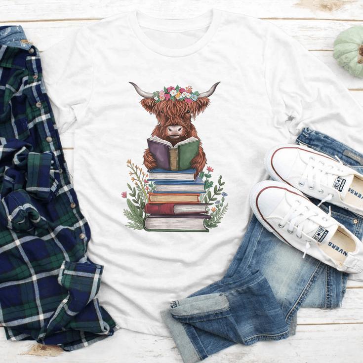 Cute Highland Cow With Book Floral Bookworm Librarian Book Youth Long Sleeve Tee
