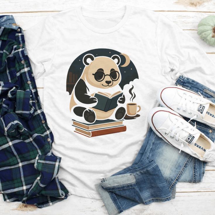 Cute Panda Reading Book Under Moon Bookworm Coffee Lover Youth Long Sleeve Tee