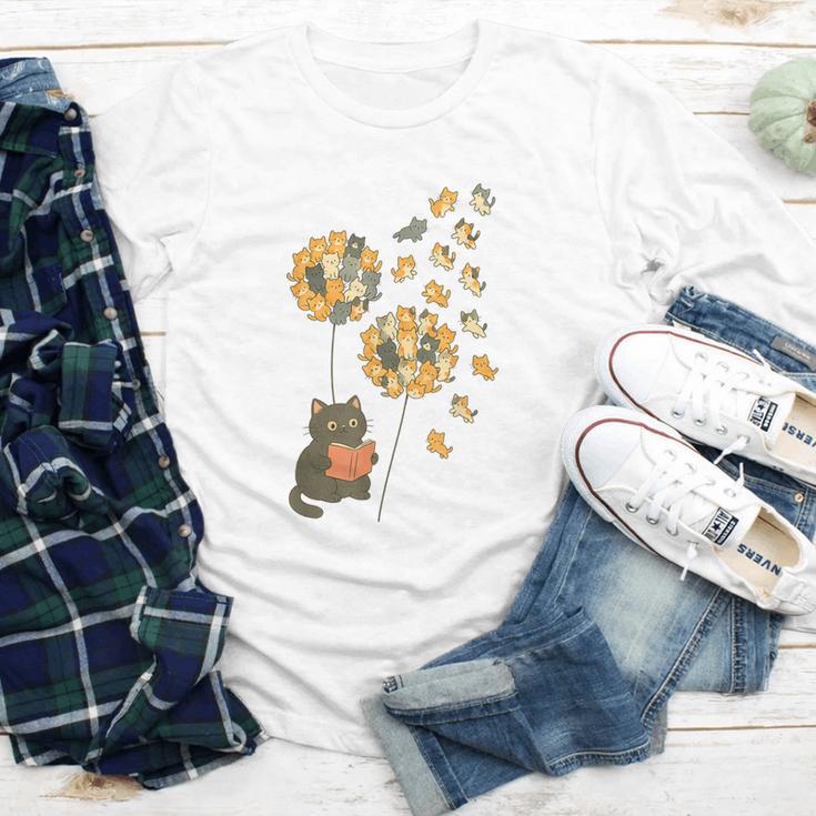 Cute Reading Cat With Kitten Dandelion Flowers Book Lover Youth Long Sleeve Tee
