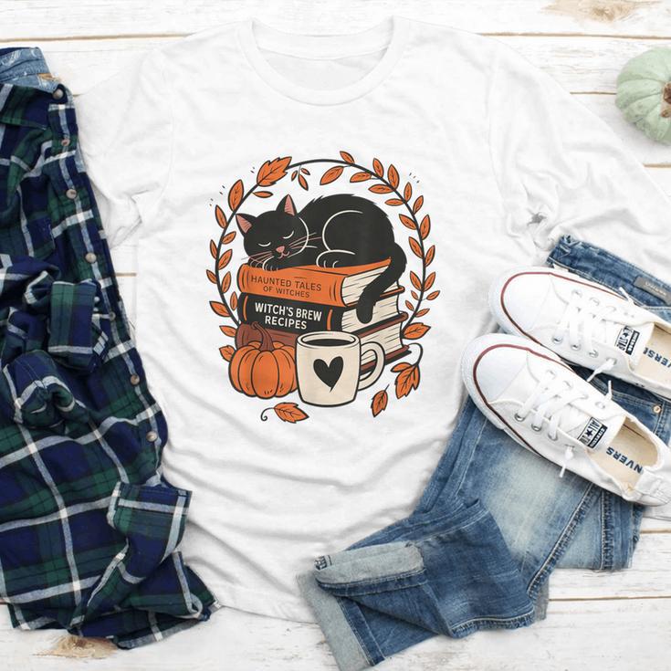 Fall Book Teacher Cat Books Halloween Autumn Librarian Youth Long Sleeve Tee
