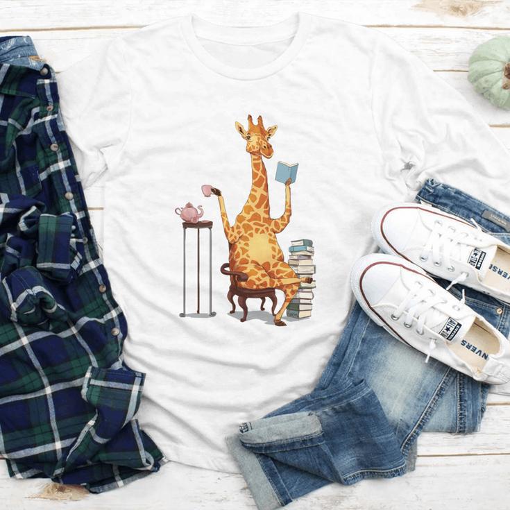 Giraffe Reading Tea Books Coffee Book Lover Graphic Youth Long Sleeve Tee