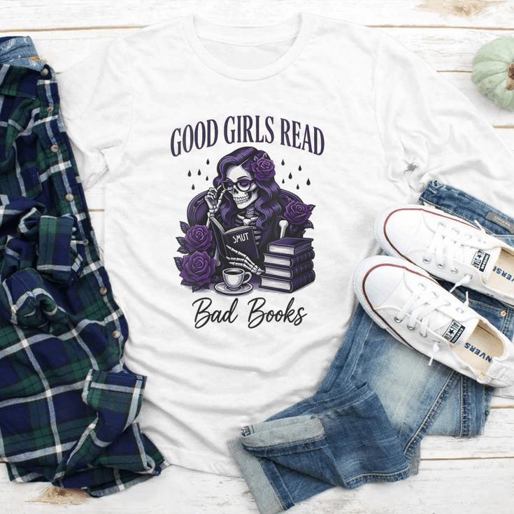 Good Girls Read Bad Books Sarcastic Skeleton Goth Skull Youth Long Sleeve Tee