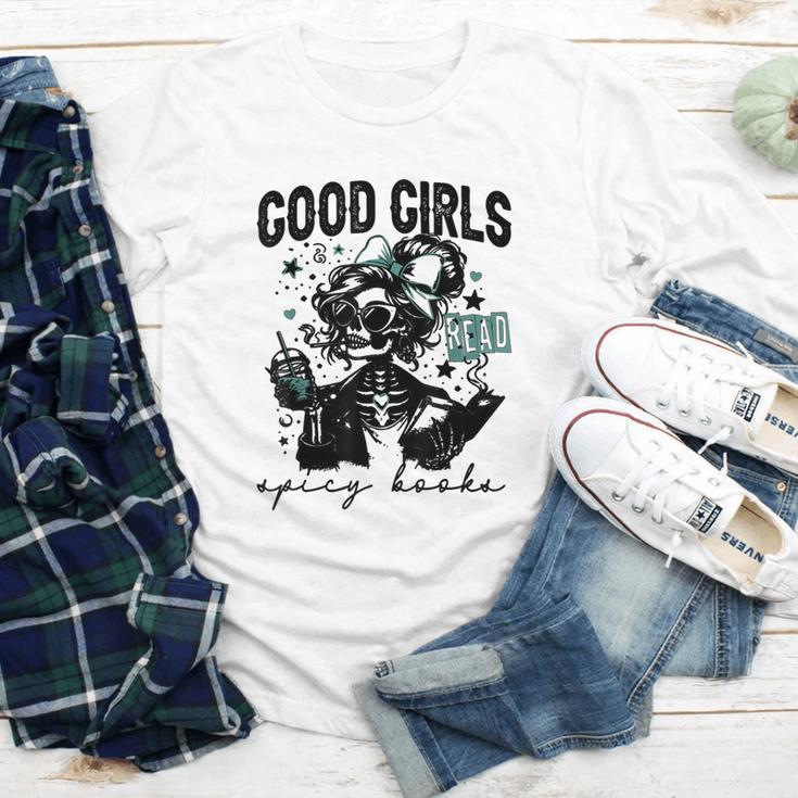 Good Girls Read Spicy Skeleton Book Club Youth Long Sleeve Tee