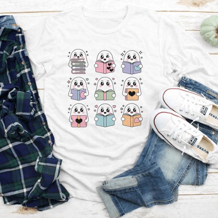 Halloween Ghosts Reading Books Pattern Spooky Kawaii Anime Youth Long Sleeve Tee