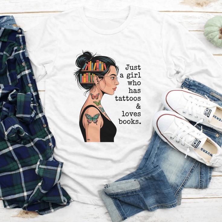 Just a Girl Who Has Tattoos And Love Books Tattooed Inked Youth Long Sleeve Tee