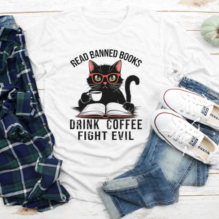 Read Banned Books Drink Coffee Fight Evil Retro Cat Youth Long Sleeve Tee