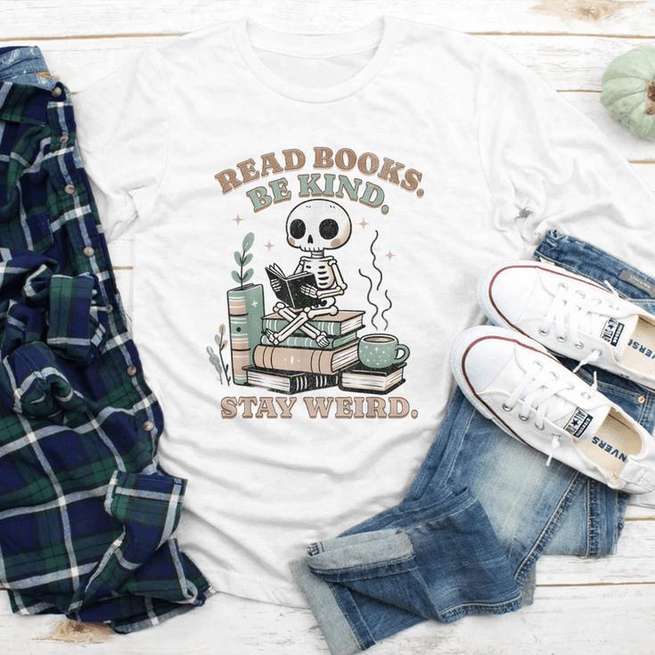 Read Books Be Kind Stay Weird Skeleton Reading Book Lover Youth Long Sleeve Tee