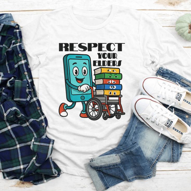 Respect Elders Cellphone Pushing Books In a Wheelchair Youth Long Sleeve Tee Respect Elders Cellphone Pushing Books In a Wheelchair Youth Long Sleeve Tee