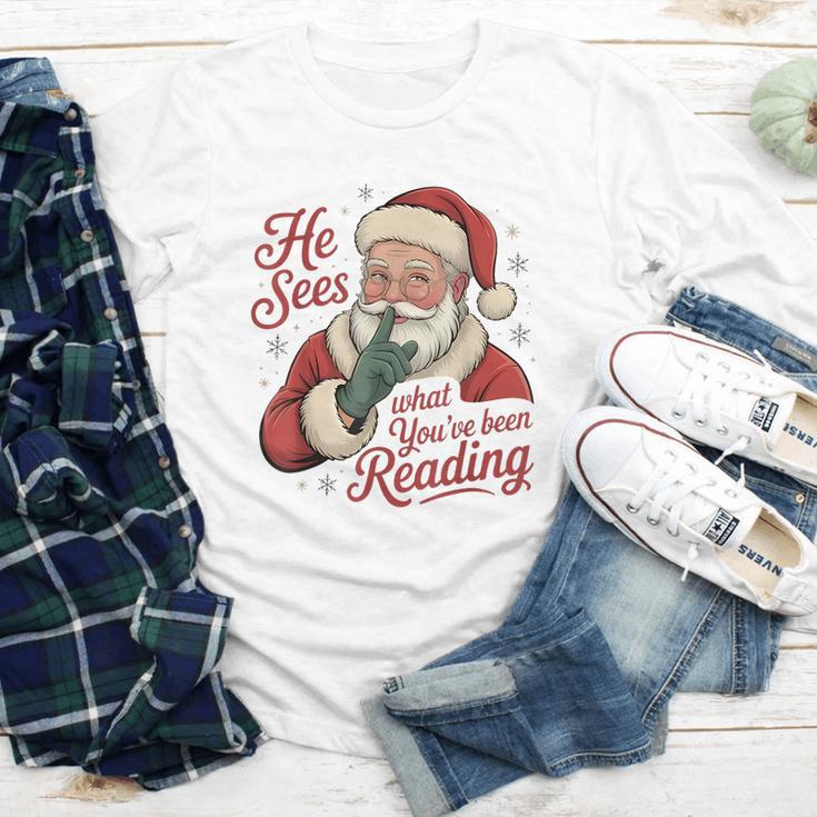 He Sees What You'Ve Been Reading Bookish Christmas Humor Youth Long Sleeve Tee