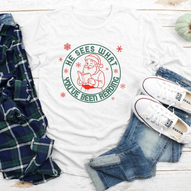 He Sees What You'Ve Been Reading Christmas Book Lover Shirt Youth Long Sleeve Tee