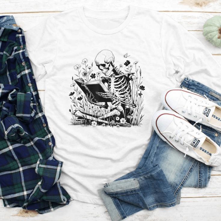 Skeleton Skull Halloween Book Reading Books Lover Teacher Youth Long Sleeve Tee