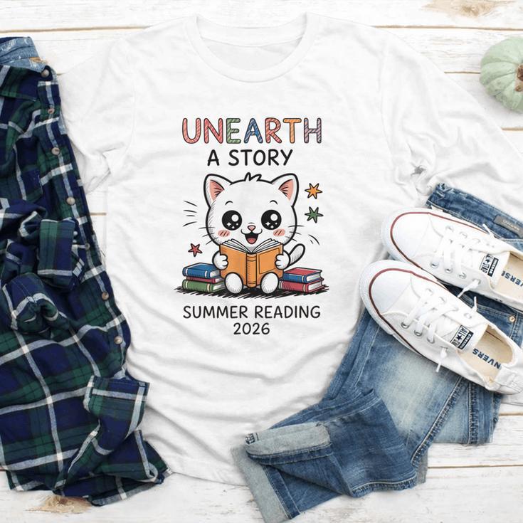 Unearth a Story Cute Kitten Summer Reading 2026 Cat Book Youth Long Sleeve Tee