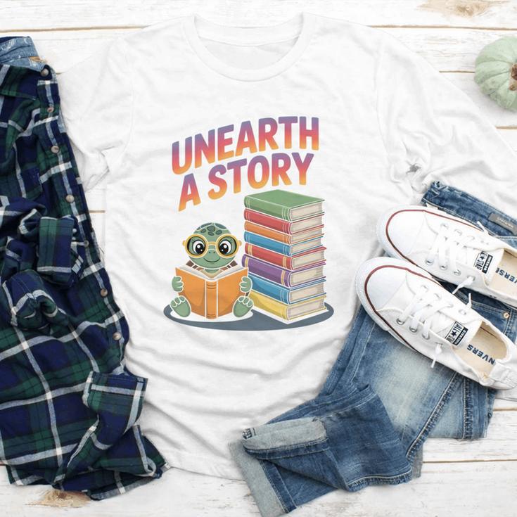Unearth A Story Cute Turtle Reading Books Librarian Youth Long Sleeve Tee