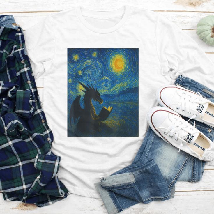 Van Gogh Starry Night Fantasy Reader Dragon Reading Book Youth Long Sleeve Tee