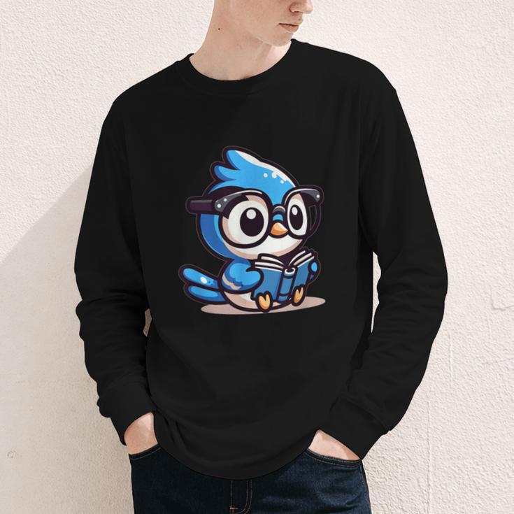 Adorable Book Lover Blue Jay With Reading Glasses Cute Youth Long Sleeve Tee