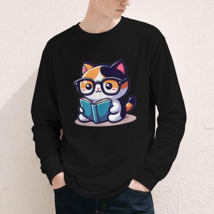 Adorable Book Lover Calico Cat With Reading Glasses Cute For Men Women Kids Youth Long Sleeve Tee