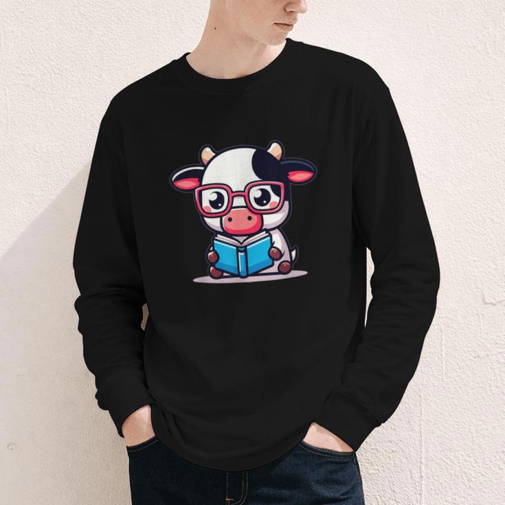 Adorable Book Lover Cow With Reading Glasses Cute Youth Long Sleeve Tee
