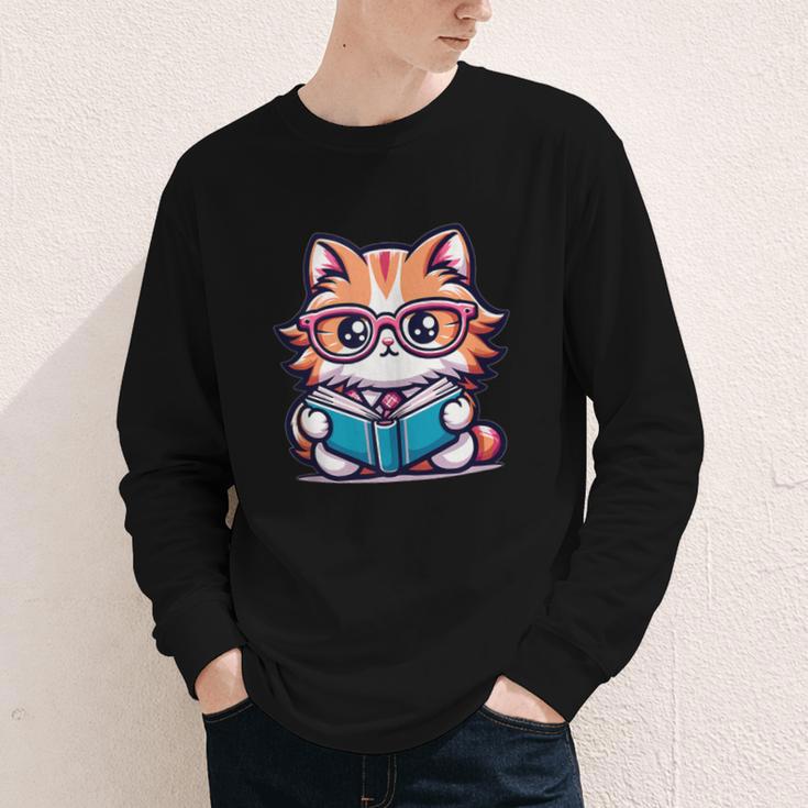 Adorable Book Lover Maine Coon Cat With Reading Glasses Cute Youth Long Sleeve Tee