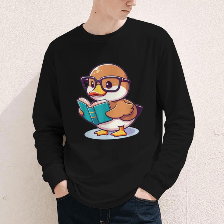 Adorable Book Lover Mallard Duck With Reading Glasses Cute Youth Long Sleeve Tee