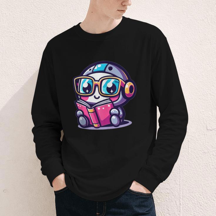 Adorable Book Lover Robot With Reading Glasses Cute Youth Long Sleeve Tee