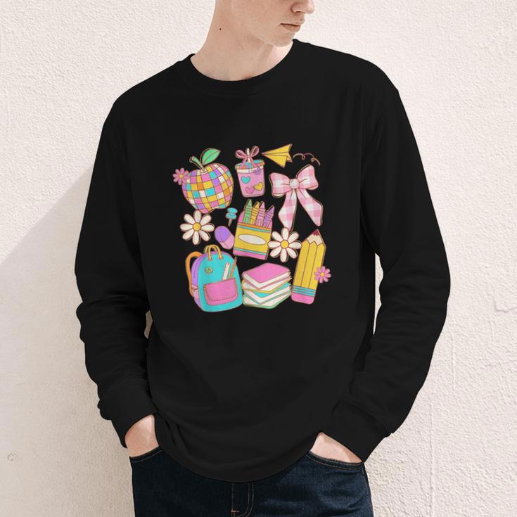 Apple Disco Pencil Books Bow Teacher Student Back To School Youth Long Sleeve Tee
