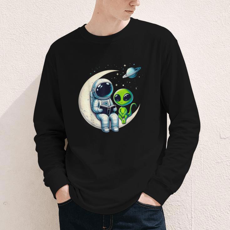 Astronaut Reading Book To Alien Shirt Moon Space Lover Kids Youth Long Sleeve Tee