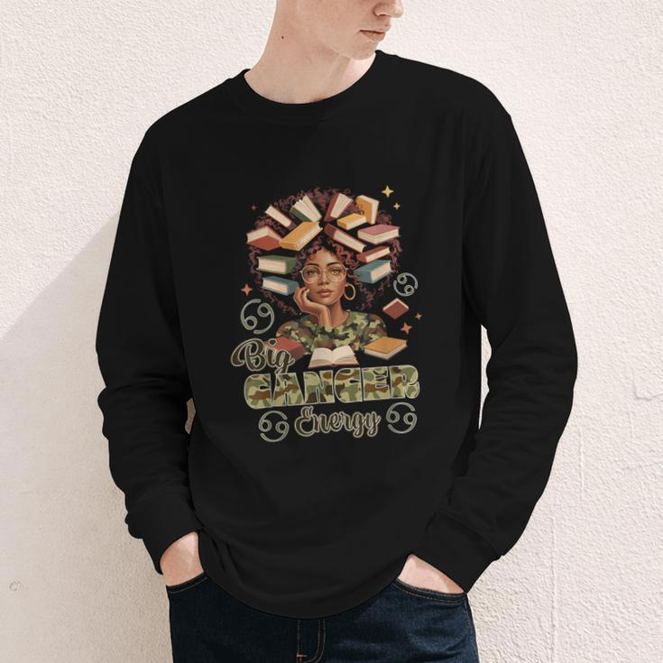 Big Cancer Energy Woman Camo Zodiac Book Teacher Youth Long Sleeve Tee