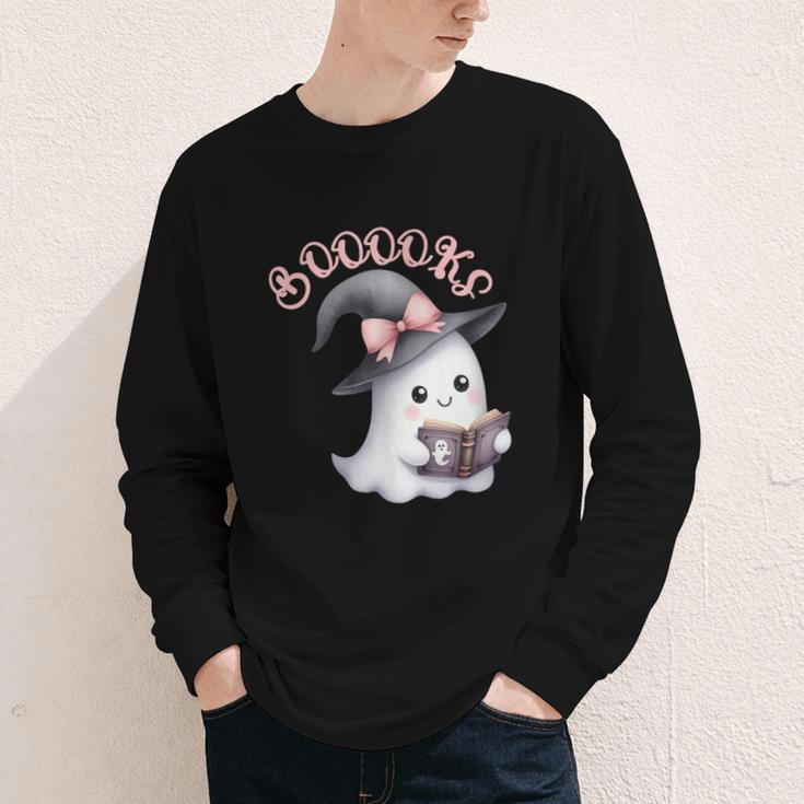 Boo Ghost Books Coquette Bow Halloween Women School Teacher Youth Long Sleeve Tee