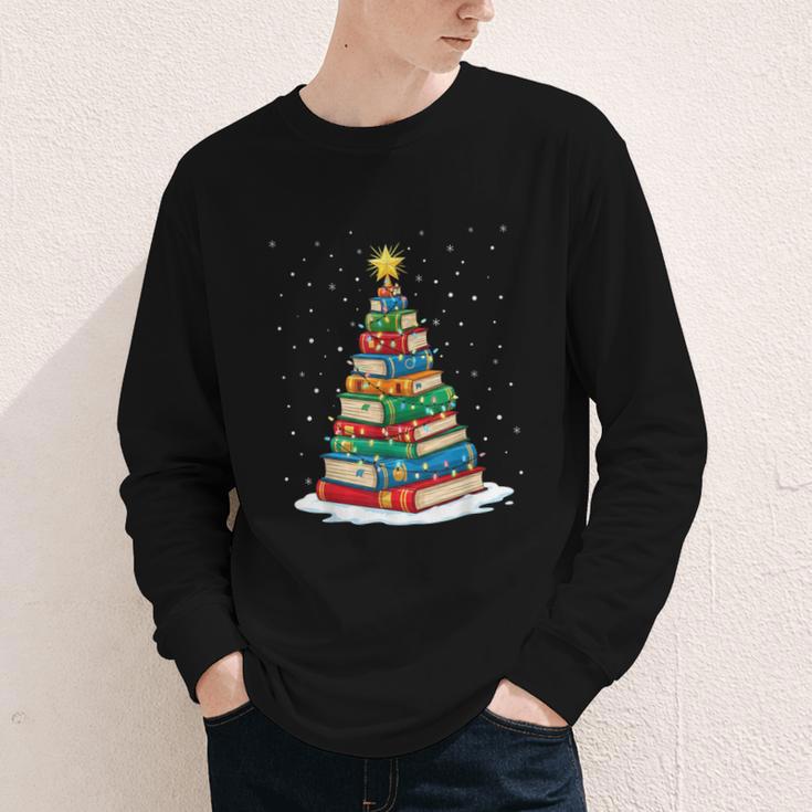 Book Christmas Tree Xmas Lights Book Lover Teacher Librarian Youth Long Sleeve Tee