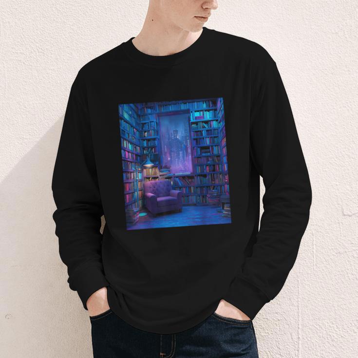 Book Library Bookshelf Armchair Window Pattern Print Youth Long Sleeve Tee