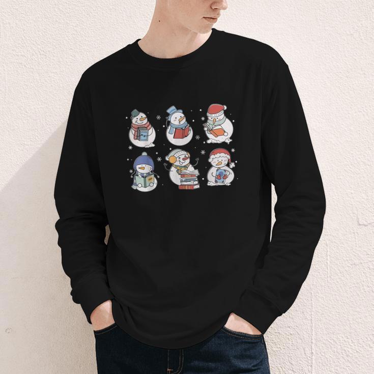 Book Lover Teacher Snowman Reading Books Christmas Winter Youth Long Sleeve Tee