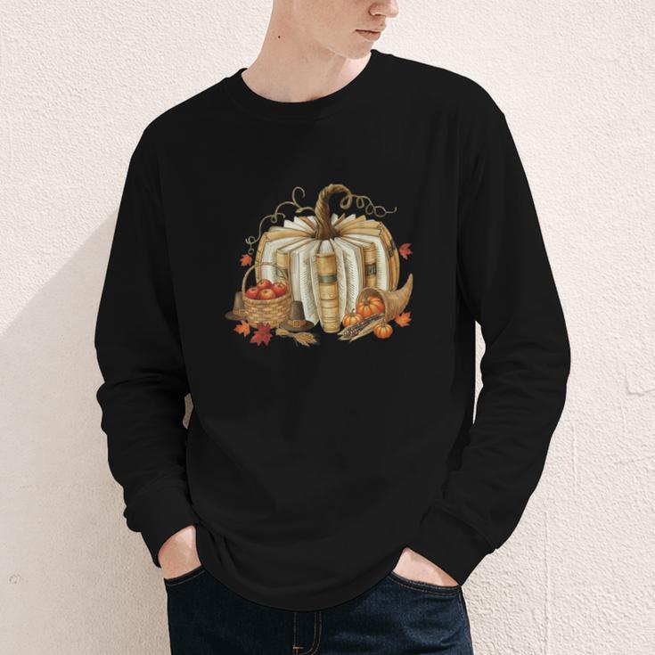 Book Pumpkin Fall Reading Thanksgiving Teacher Librarian Youth Long Sleeve Tee