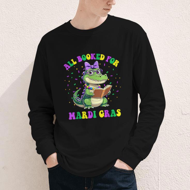 All Booked For Mardi Gras Crocodile Reading Book Teacher Youth Long Sleeve Tee
