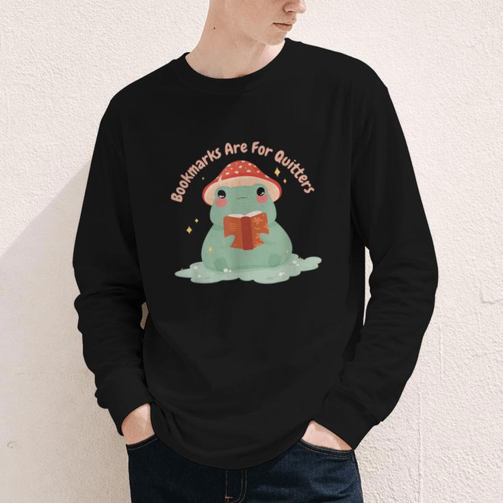 Bookmarks Are For Quitters Frog Reading Book Graphic Youth Long Sleeve Tee Bookmarks Are For Quitters Frog Reading Book Graphic Youth Long Sleeve Tee