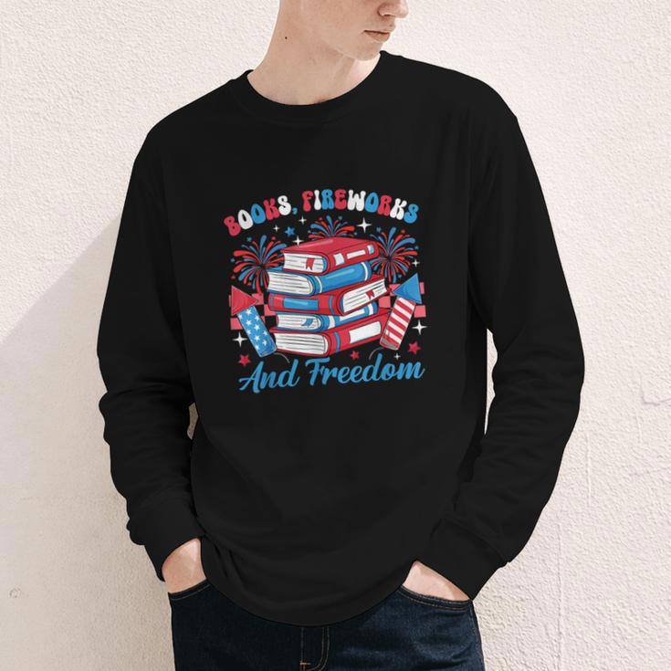 Books Fireworks And Freedom Independence Day Book Lover Youth Long Sleeve Tee